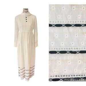 Vintage Lori Till 70's White Black Gauzy Prairie Cottage Maxi Dress Small Cult